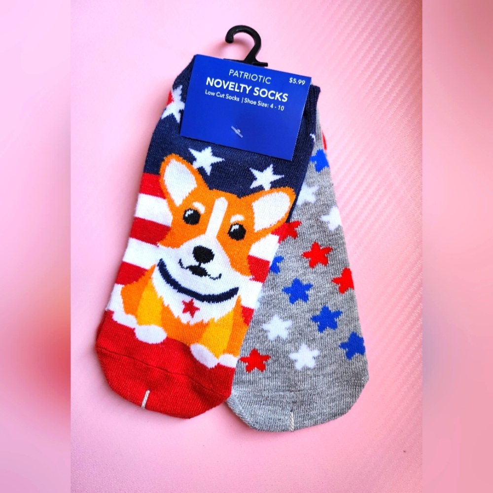 Joann - Patriotic Novelty Low Cut Socks - Corgi and Stars - (4-10)